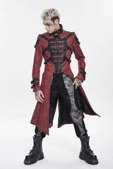 Red Stand Collar Long Sleeves Printed Spliced Studded Buckled Zippered Eyelet Men's Punk Cool Hooded Jacket - Product - 11