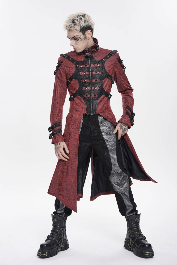 Red Stand Collar Long Sleeves Printed Spliced Studded Buckled Zippered Eyelet Men's Punk Cool Hooded Jacket - Product - 11