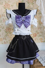Black/White Short Sleeves Print Bowknot Sweet Jirai Kei Skirt Set - Product - 4