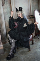Black [Immortal Phoenix] Long Hime Sleeves Multi-Layered Ruffled Bow Lace-Up Gothic Lolita Skirt Dress Set - Product - 8