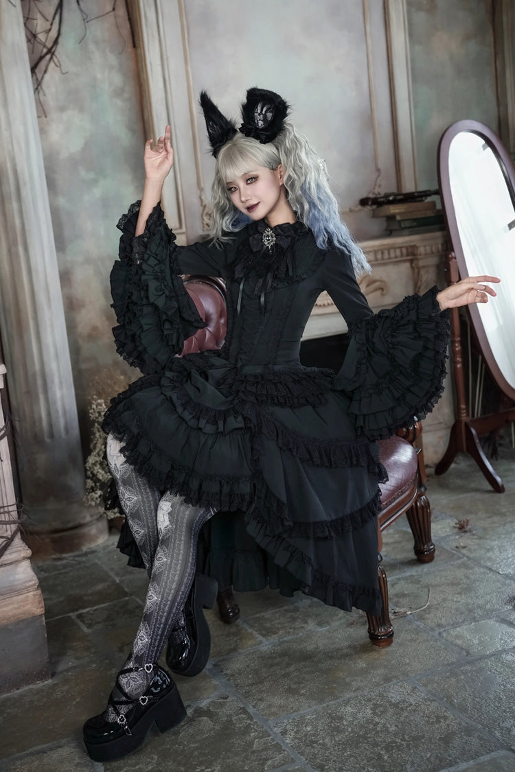 Black [Immortal Phoenix] Long Hime Sleeves Multi-Layered Ruffled Bow Lace-Up Gothic Lolita Skirt Dress Set - Product - 8