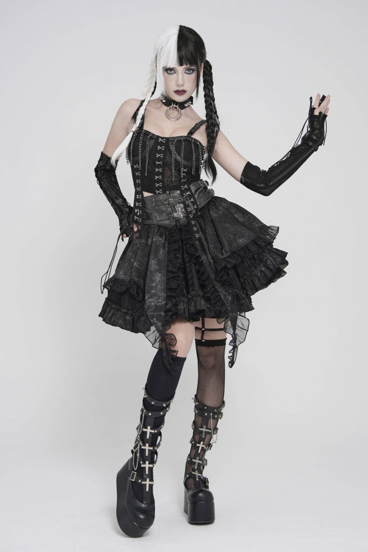 Black Off Shoulder Lace Lace-Up Slim Mesh Strappy Chain-Decorated Eyelet Women's Punk Corset - Product - 10