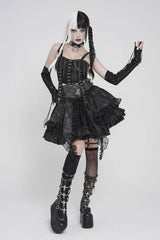 Black Off Shoulder Lace Lace-Up Slim Mesh Strappy Chain-Decorated Eyelet Women's Punk Corset - Product - 10