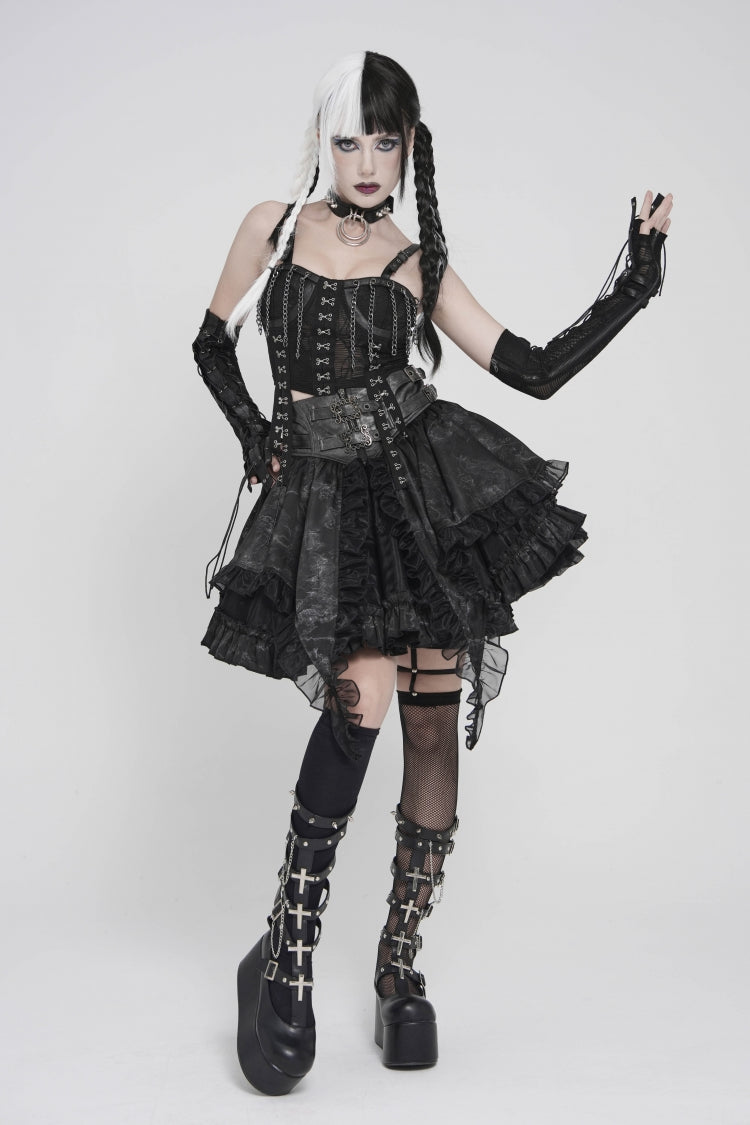 Black Off Shoulder Lace Lace-Up Slim Mesh Strappy Chain-Decorated Eyelet Women's Punk Corset - Product - 10