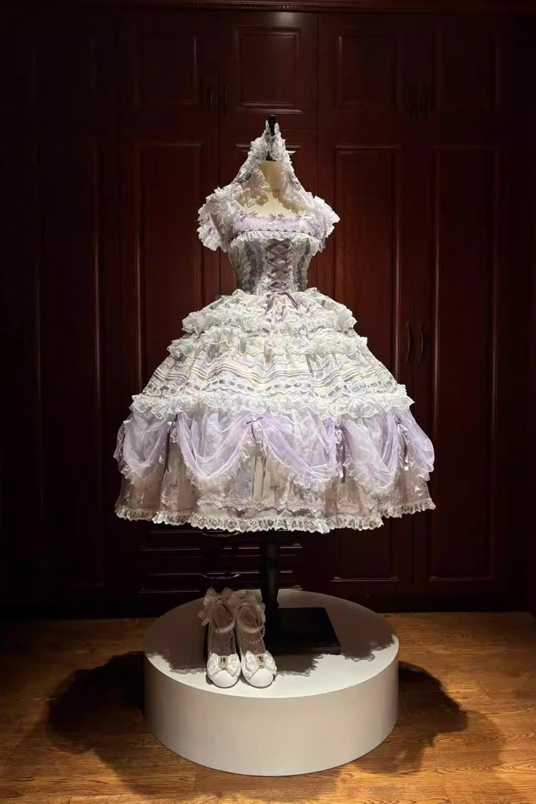 Purple [Wisteria] Sleeveless Multi-Layered Hanayome Bow Lace Lace-Up Sweet Gorgeous Lolita Jsk Dress Set - Product - 2