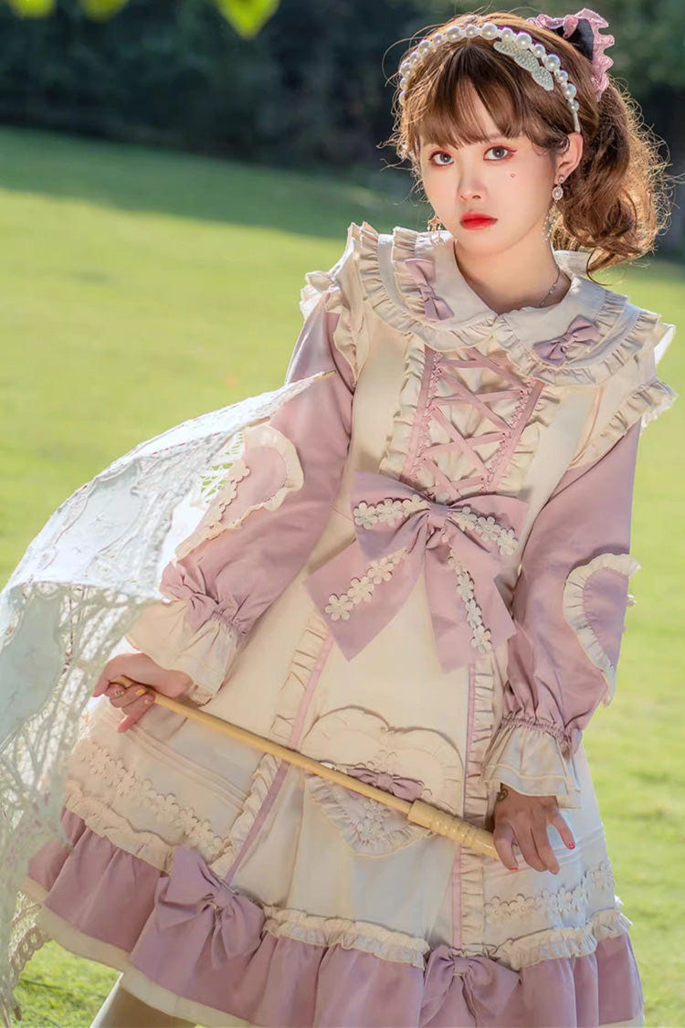 Pink/White [Little Florist] Long Sleeves Ruffle Bowknot Lace-Up Sweet Plus Size Princess Lolita Dress - Product - 8