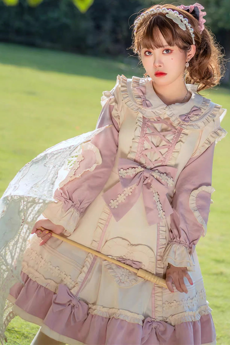 Pink/White [Little Florist] Long Sleeves Ruffle Bowknot Lace-Up Sweet Plus Size Princess Lolita Dress - Product - 8