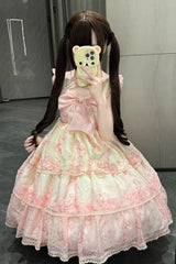 Pink Print Embroidery Bowknot Lace Sweet Princess Lolita Jsk Dress - Pink - 1