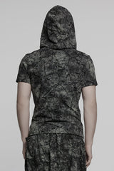 Grey Short Sleeves Big-pocket Tie-dyed Hooded Men's Punk T-Shirt - Product - 2