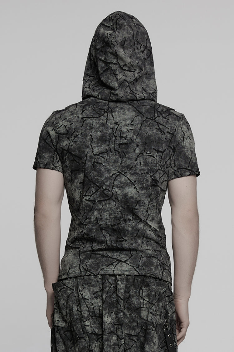 Grey Short Sleeves Big-pocket Tie-dyed Hooded Men's Punk T-Shirt - Product - 2