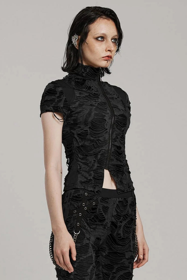 Stand Collar Short Sleeves Diagonal Zipper Ripped Womens Steampunk T-Shirt 2 Colors - Product - 10