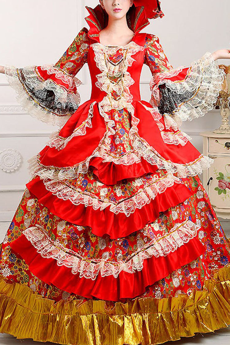 Trumpet Sleeves Stand Collar Lace Stitching Ruffled Multi-Layer Victorian Lolita Prom Dress - Wine - 1