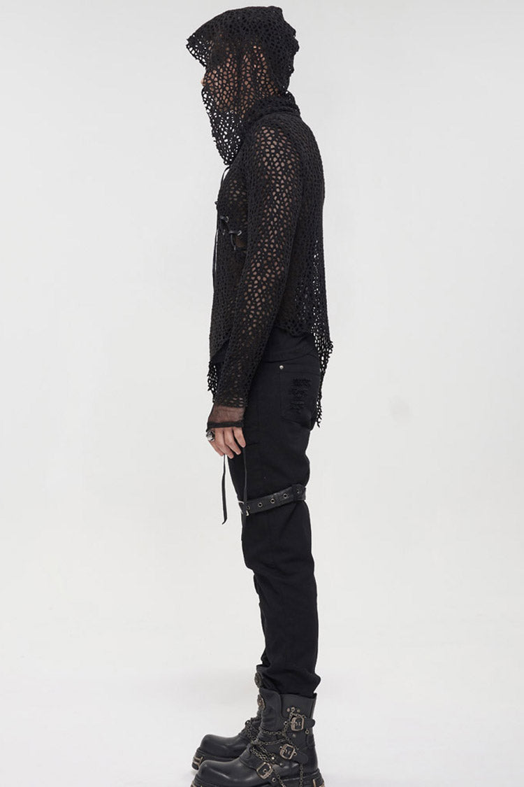 Black Punk Long Sleeve Elasticity Big Hole Mesh Drawstring Design Irregular Hooded Men's Shirt - Product - 7