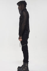 Black Punk Long Sleeve Elasticity Big Hole Mesh Drawstring Design Irregular Hooded Men's Shirt - Product - 7