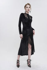 Black Small Stand Collar Cashew Paisley Lace On Chest Mesh Paneled Asymmetrical Hem Long Sleeve Women's Gothic Dress - Product - 3
