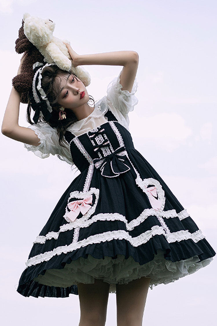 Black High Waist Love Bowknot Ruffled Princess Sweet Lolita JSK Dress - Product - 4