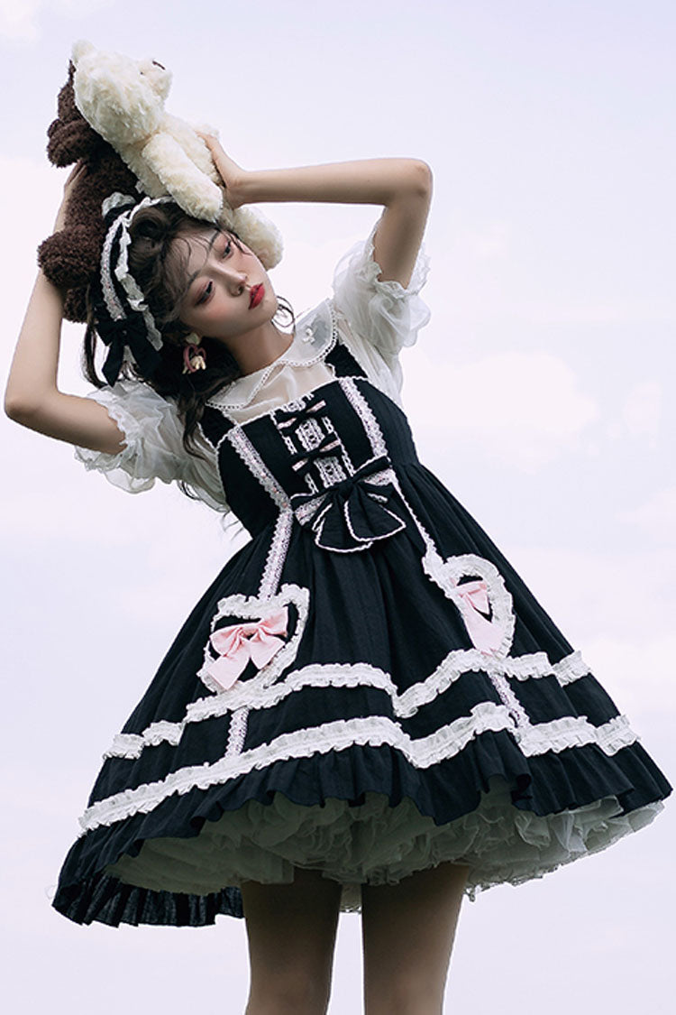 Black High Waist Love Bowknot Ruffled Princess Sweet Lolita JSK Dress - Product - 4