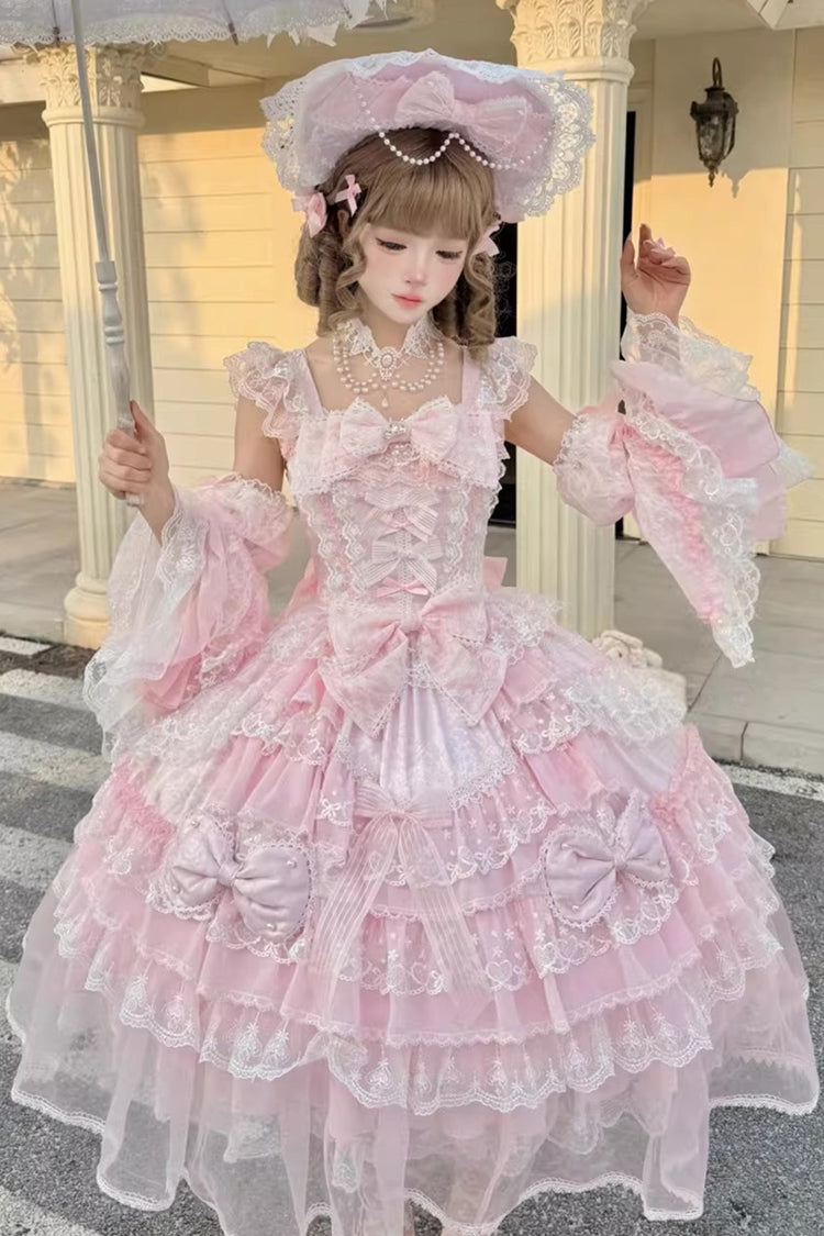Pink [Prelude of Spring] Sleeveless Multi-Layered Ruffled Bow Lace Sweet Princess Lolita Jsk Dress - Pink - 1