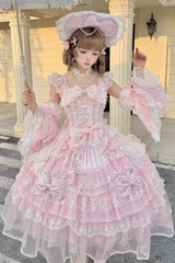 Pink [Prelude of Spring] Sleeveless Multi-Layered Ruffled Bow Lace Sweet Princess Lolita Jsk Dress - Pink - 1