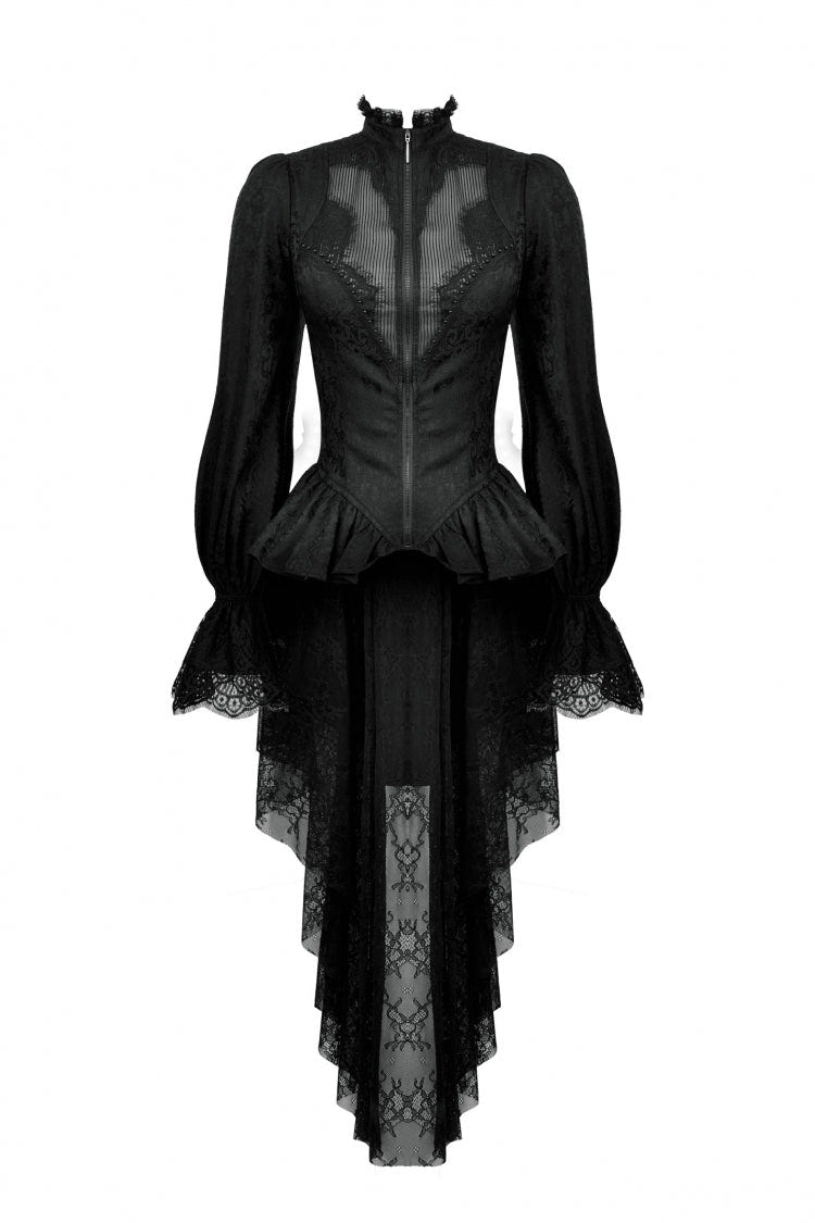 Black Stand Collar Long Trumpet Sleeves Lace Sheer Lace-Up Women's Gothic High Low Tail Coat - Product - 3
