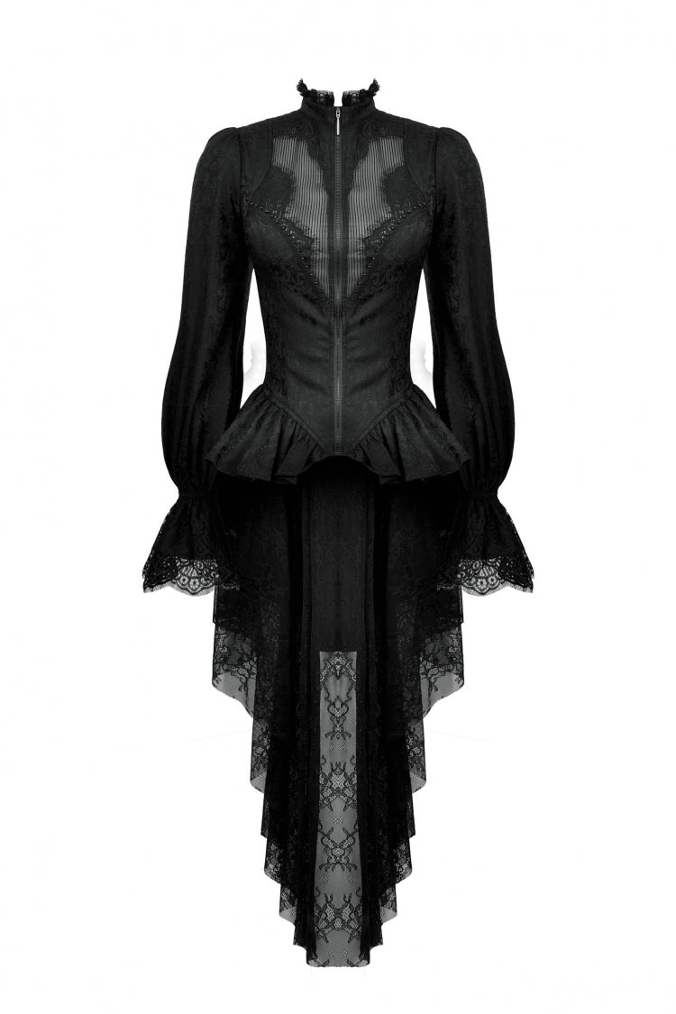 Black Stand Collar Long Trumpet Sleeves Lace Sheer Lace-Up Women's Gothic High Low Tail Coat - Product - 3