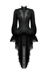 Black Stand Collar Long Trumpet Sleeves Lace Sheer Lace-Up Women's Gothic High Low Tail Coat - Product - 3