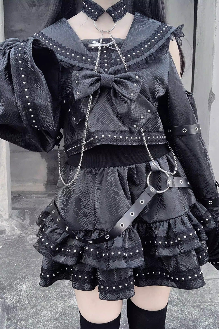 Black [Serpent Devour] Navy Collar Long Sleeves Snake Printed Ruffled Bow Studded Gothic Jirai Kei Skirt Set - Product - 11