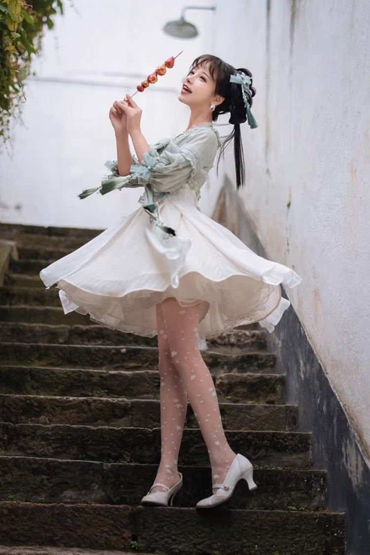 White/Green Half Sleeves Ruffled Bow Sweet Chinese Style Lolita Hanfu Dress - Product - 10