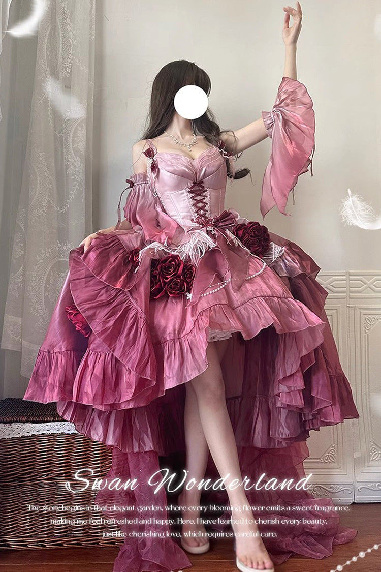 Plum Red [Swan Wonderland] Embroidery Bowknot Lace-Up Short Front Long Back Irregular Sweet Ballet Lolita Jsk Dress - Product - 2