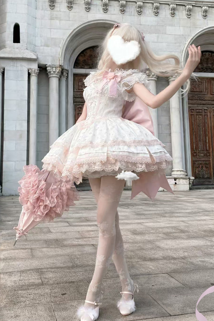 Pink [First Love Rose] Multi-Layered Print Ruffle Bowknot Lace Sweet Lolita Jsk Dress Set - Product - 6