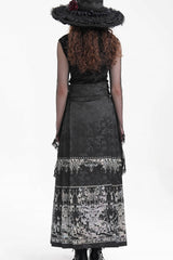 Black Print Embroidery Women's Gothic Crochet Tassels Bucket-up Long Skirt - Product - 6