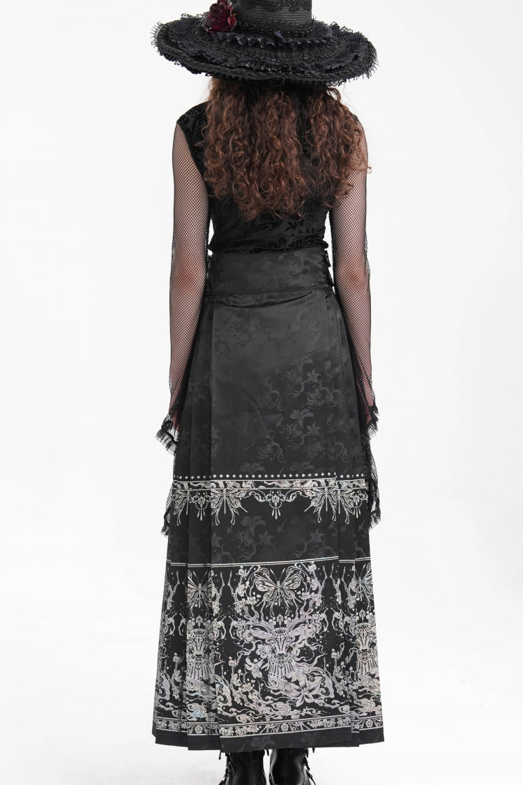 Black Print Embroidery Women's Gothic Crochet Tassels Bucket-up Long Skirt - Product - 6