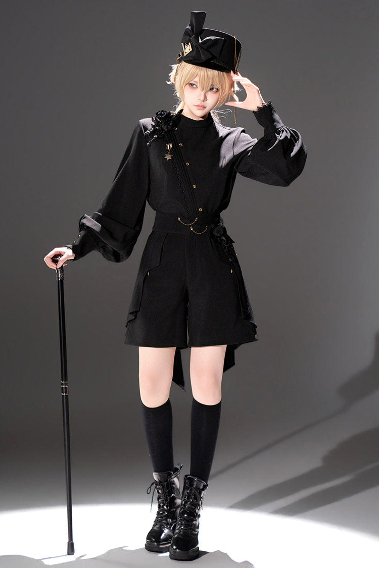 Black [Will of the Rose] Round Collar Long Sleeves Asymmetric Gothic Vintage Elegant Knight Prince Ouji Lolita Blouse Shorts Set - Product - 5
