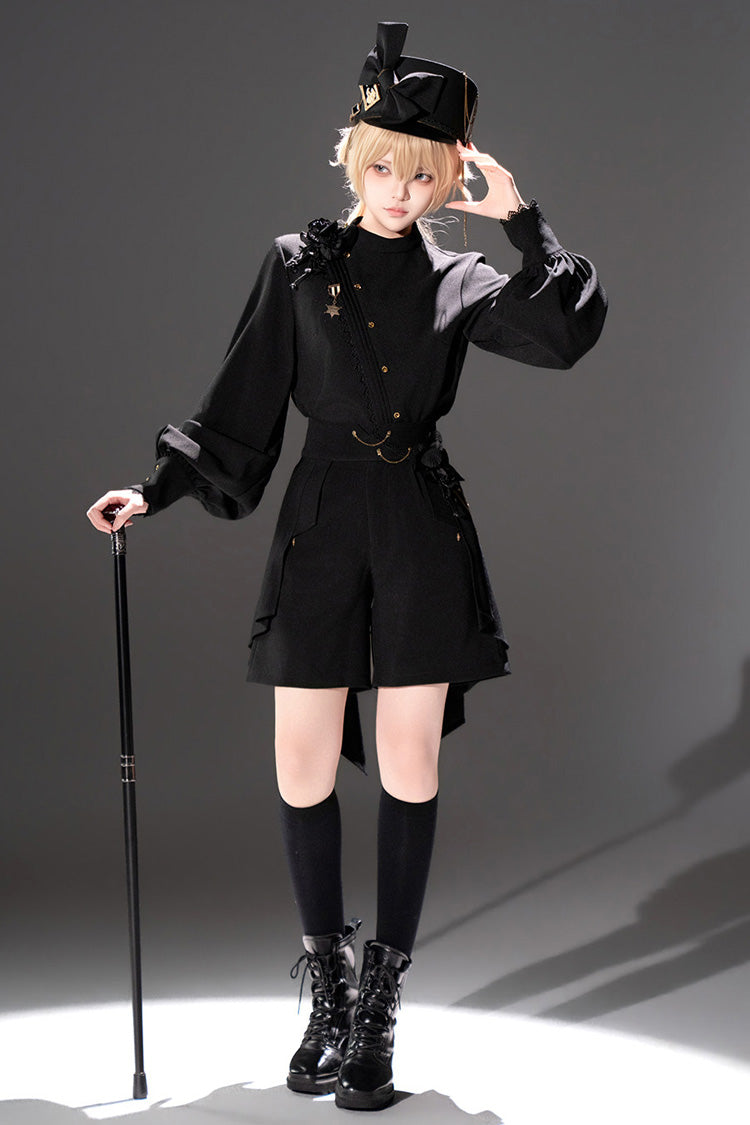 Black [Will of the Rose] Round Collar Long Sleeves Asymmetric Gothic Vintage Elegant Knight Prince Ouji Lolita Blouse Shorts Set - Product - 5