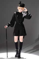 Black [Will of the Rose] Round Collar Long Sleeves Asymmetric Gothic Vintage Elegant Knight Prince Ouji Lolita Blouse Shorts Set - Product - 5