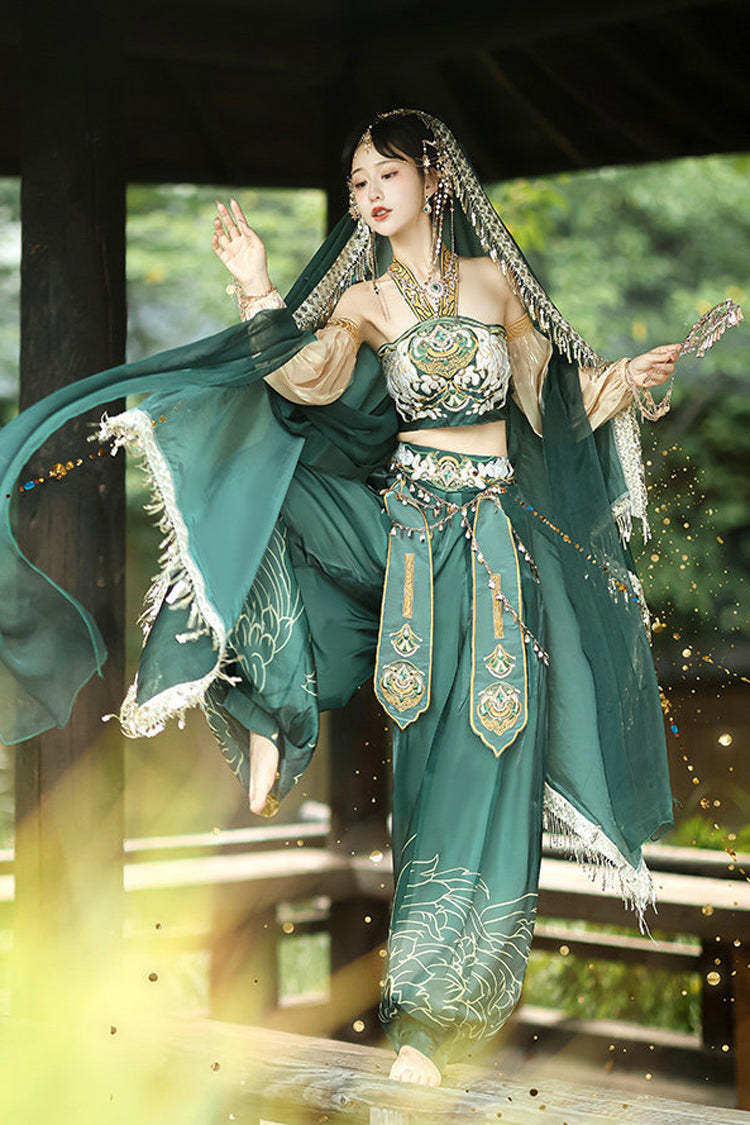 グリーン [Princess Of The Guo Huang Flying Apsaras] ホルターネック ハイウエスト プリント 刺繍 レディース 華やか 漢服 パンツ セット 商品画像