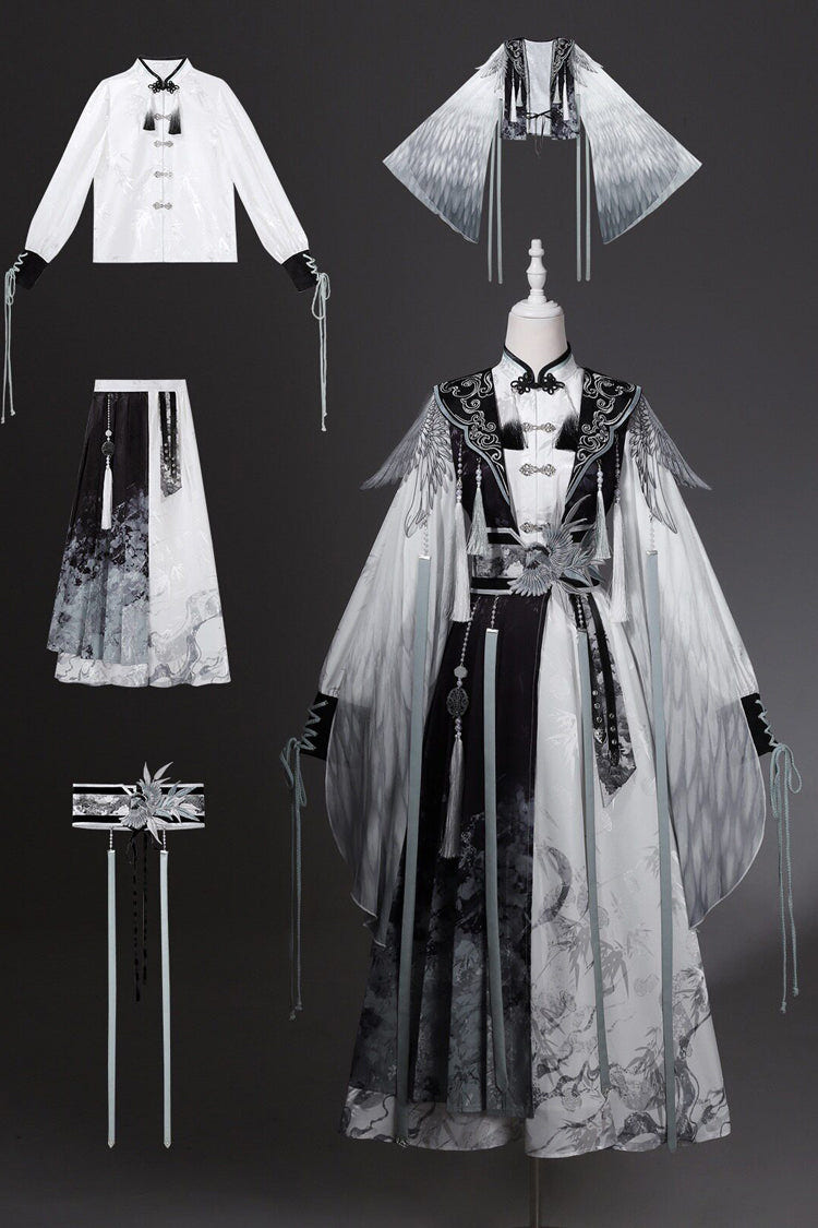 Black/White [Magpie Feather] Stand Collar Long Sleeves High Waisted Printed Embroidered Women's Classic Hanfu Dress Set - Product - 4