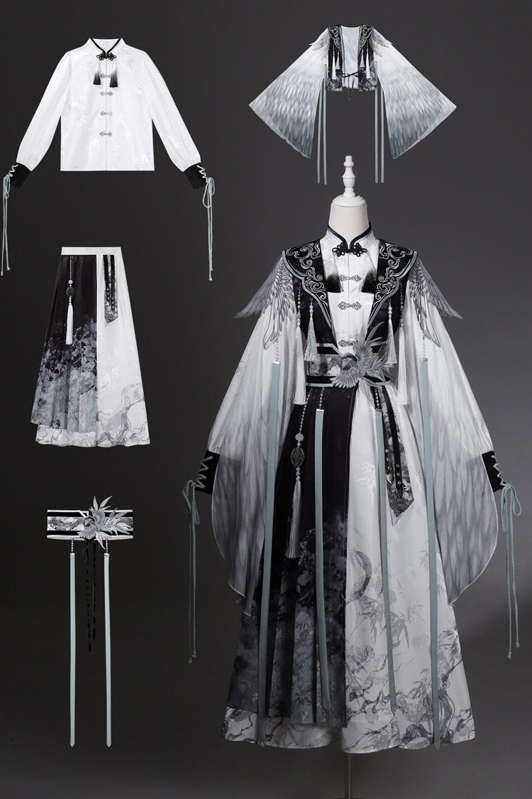 Black/White [Magpie Feather] Stand Collar Long Sleeves High Waisted Printed Embroidered Women's Classic Hanfu Dress Set - Product - 4