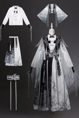 Black/White [Magpie Feather] Stand Collar Long Sleeves High Waisted Printed Embroidered Women's Classic Hanfu Dress Set - Product - 4