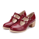 Retro Wine Red Double Buckles Mid Heel Lolita Shoes - Red - 1