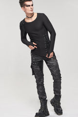 Black Punk Do Old Print Detachable Multi-Pocket Splicing Metal Rivet Decoration Men's Long Pants - Product - 7