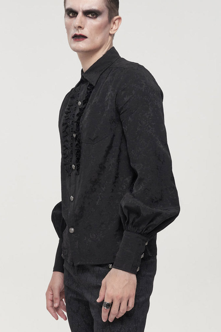 Black Gothic Metal Pattern Buckle Long Sleeve Pleated Lace Lantern Shape Printing Pattern Men's Shirt - Product - 3