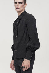 Black Gothic Metal Pattern Buckle Long Sleeve Pleated Lace Lantern Shape Printing Pattern Men's Shirt - Product - 3