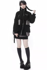 Black [Holographic Cruise] Techwear Long Sleeves Spliced Zippered Gothic Jirai Kei Skirt and Coat Set - Product - 6