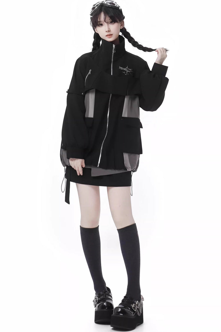Black [Holographic Cruise] Techwear Long Sleeves Spliced Zippered Gothic Jirai Kei Skirt and Coat Set - Product - 6