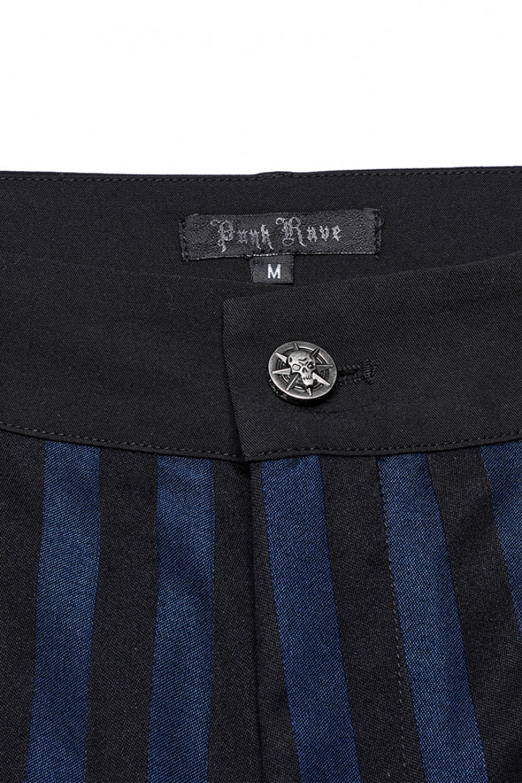 Black/Blue High Waisted Striped Print Men's Gothic Suit Pants - Product - 5