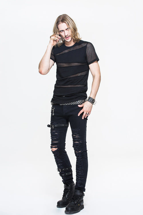 Black Partition Diamond Shape Mesh Gothic Punk Mens Tops T-Shirt - Product - 4