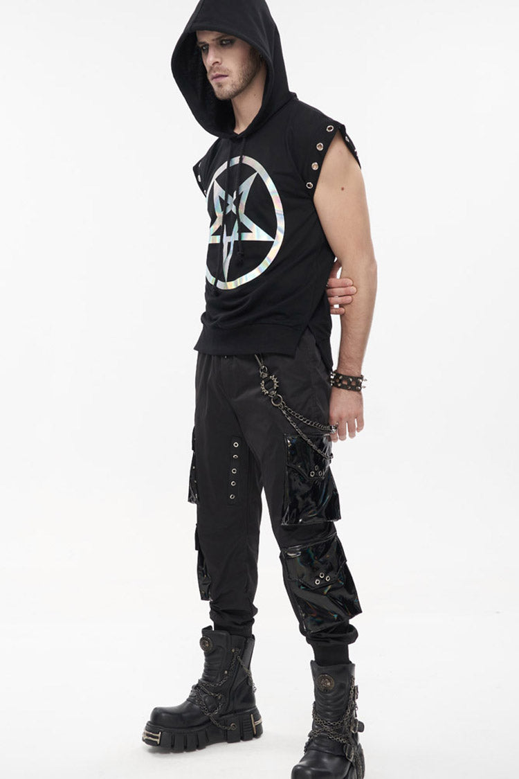 Black Punk Multi Pocket Splicing Illusory Color Removable Metal Left Chain Design Cargo Men's Pants - Product - 8