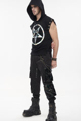 Black Punk Multi Pocket Splicing Illusory Color Removable Metal Left Chain Design Cargo Men's Pants - Product - 8