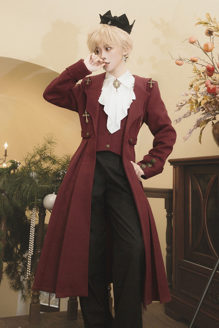 Dark Red [The Legend of Dracula] Long Sleeves Gothic Prince Handsome Cool Ouji Lolita Coat - Product - 7